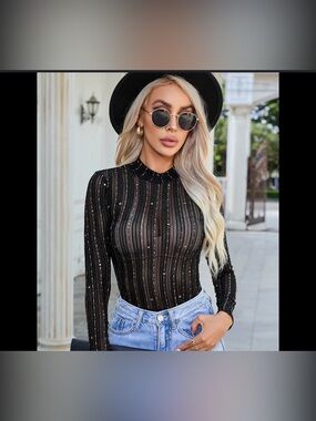 Black Long Sleeve Ribbed Mesh Bodysuit Top- Medium